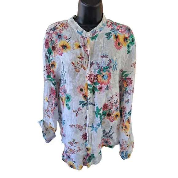 F.K. Italy Linen Floral Button-Up Blouse Mandarin Collar Floral Women XL Summer - Picture 1 of 9